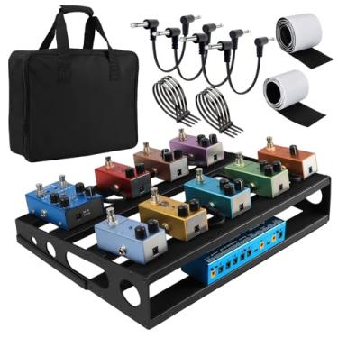 Imagem de GOGHOST Placa de pedal de guitarra com bandeja de fonte de alimentação, 39,9 x 31 x 7,9 cm, suporte de pedal de baixo de metal, preto com 4 peças, cabo de pedal de guitarra de 15 cm, bolsa de