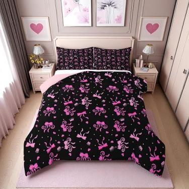 Imagem de Erosebridal Conjunto de cama queen com laço rosa e preto para meninas | Conjunto de edredom com gravata borboleta rosa e preta para crianças, adolescentes, colcha de gravata borboleta fofa, laço