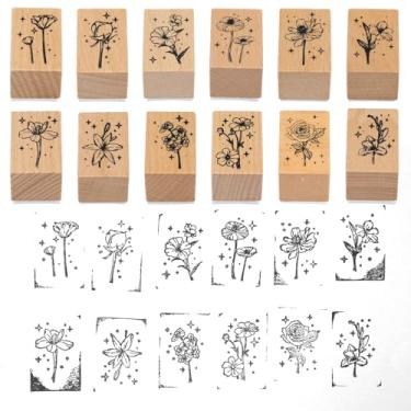 Imagem de 12 carimbos de borracha de madeira para artesanato, carimbos de flores vintage, conjunto de carimbos decorativos de madeira para artesanato, scrapbook, pintura, cartas, cartas