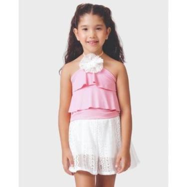 Imagem de Conjunto blusa crepe shorts saia malha verão confortável - Salmão e Rosa - Menina 4 a 14 anos-Feminino