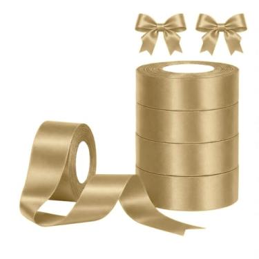 Imagem de 2 peças de rolo de fita de tecido sólido de 25 metros para buquês de flores, embrulho de presente, casamento, artesanato artesanal (dourado)