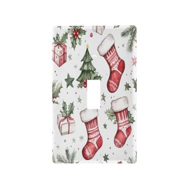 Imagem de Kigai Placa de interruptor de luz alternada, meias de Natal fofas placas de parede placas de cobertura de tomada elétrica, 1 gangue tamanho padrão 11,4 cm x 7,1 cm