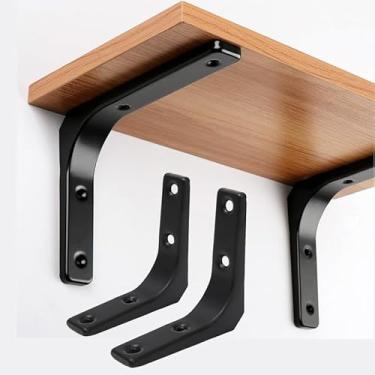 Imagem de Suporte de prateleira de parede com 2 peças, suporte de prateleira em L preto pesado, suporte de canto de ângulo reto de metal, suporte de parede triangular fixo em forma de L