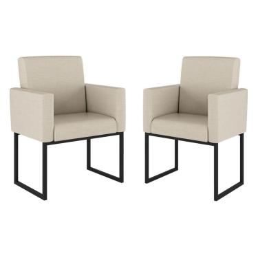 Imagem de Kit 02 Poltrona Cadeira Decorativa Recepção Base Ferro Preto Linho Cor:linho Bege