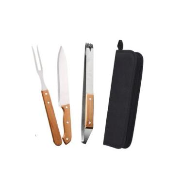Imagem de Kit Churrasco 3 Pçs em Aço Inox Cabo Madeira Faca Garfo e Pegador c/ B