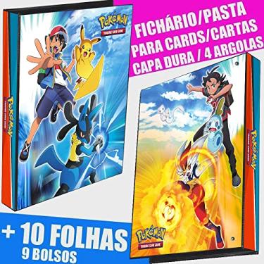 Imagem de Pasta Fichário Álbum Pokemon Jornadas de Mestre Ash Pika chu Lucario Cinderace Sobble Mew 4 Argolas Capa Dura + 10 folhas para cards cartas