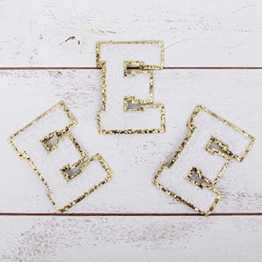 Imagem de Pacote com 3 adesivos de Chenille Iron On Glitter Varsity Letter 8 cm de altura - Tecido de chenille branco com acabamento em glitter dourado - Costurar ou passar a ferro - 8 cm WHT E