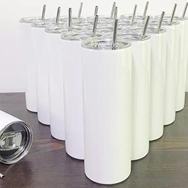 Imagem de Pacote com 25 copos de aço inoxidável branco fino de sublimação de 590 ml com canudo de aço inoxidável e caixa individual para transferência de calor e canecas com isolamento de parede dupla