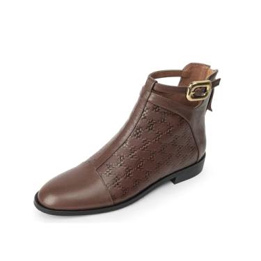 Imagem de TinaCus Botas femininas de couro genuíno feitas à mão com zíper e bico redondo e fivela, Marrom escuro, 34