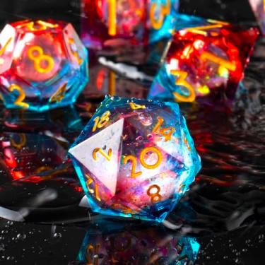 Imagem de YEMEKO Handmade Liquid Core DND Dice Set, 7 Resina Sharp Edge Dice para Dungeons and Dragons, RPG Polyhedral Quicksand Ball (Líquido Azul Vermelho)