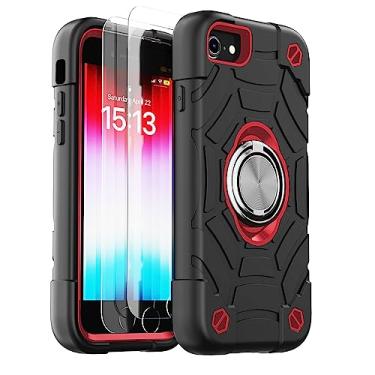 Imagem de KCJ for iPhone SE case 2022/2020, iPhone 8/7/6/6S case, with [2×Screen Protectors][Ring Stand] Soft Silicone+Hard PC Full Body Protection Heavy Duty Phone case 4.7 inch. (Black+Red)