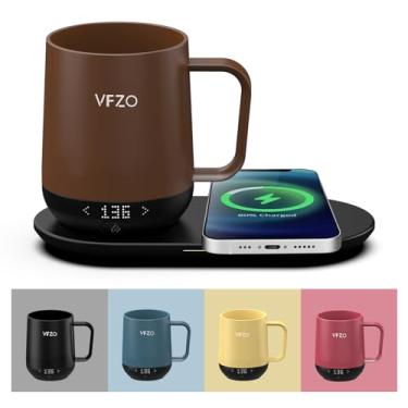 Imagem de VFZO Caneca inteligente de controle de temperatura, caneca de café autoaquecida, tela de LED, vida útil da bateria de 180 min - Quente até 65 °C carregador rápido sem fio base design melhorado