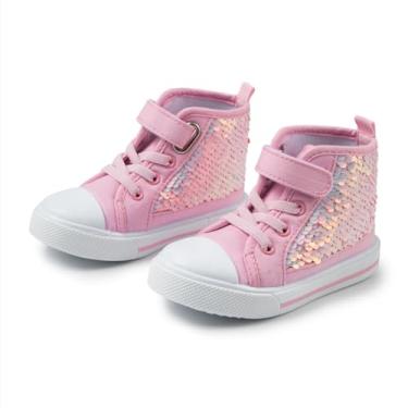 Imagem de Kannior Tênis infantil unissex clássico de lona com lantejoulas, cano alto, sem cadarço, jeans, glitter, casual, brilhante, que muda de cor, sapatos de caminhada, A1 - rosa, 7.5 Toddler