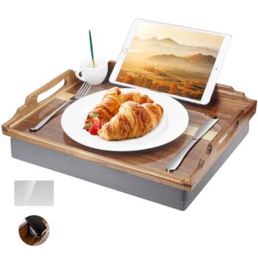 Imagem de DRELIFAM Mesa de colo com almofada, bandeja de madeira para comer, bandeja de colo em poltrona reclinável, bandeja de café da manhã, bandejas de comida para cama de jantar de TV (madeira de acácia A)