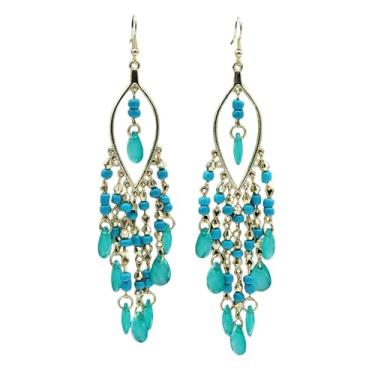 Imagem de T-ztoss Brinco de borla com contas de cristal para mulheres, brincos falsos longos com contas, brincos de franja, joias de Natal para noivas e casamentos, Metal