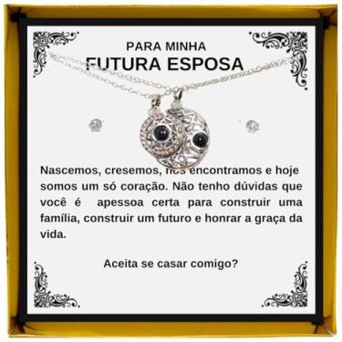 Imagem de Colar Presente Pedido Casamento Sol e Lua Projeção Eu Te Amo 100 Idiomas Futura Esposa Conjunto Pingente Brincos + Linda Dedicatória (Prateado)