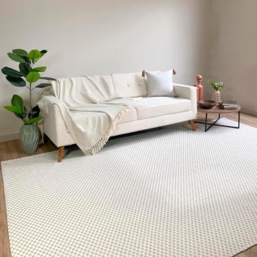 Imagem de Tapete Sala Antiderrapante Grande 2,00m x 3,00m Xadrez Quadriculado Artesanal Natural 100% Algodão Decoração Cru Bege