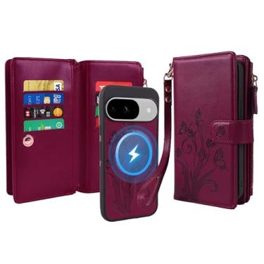 Imagem de Capa carteira para Google Pixel 9 Pro XL/10 Pro XL, compatível com MagSafe 2 em 1 de couro sintético destacável magnético com bloqueio de RFID, suporte para cartão, fecho de zíper, cordão de pulso