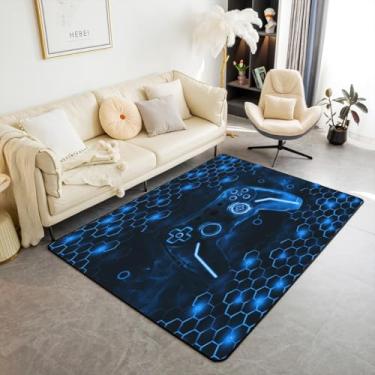 Imagem de Feelyou Tapetes para meninos gamer para sala de estar, quarto, 3 x 5, crianças, jogos, favo de mel, controle de jogo, conjunto de carpete decorativo, hexágono, jogos, presentes azul