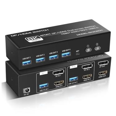 Imagem de Interruptor HDMI KVM 8K @60Hz 2 monitores, 2 computadores, interruptor HDMI KVM com 4 portas USB 3.0 compartilham teclado mouse, suporta modo estendido/cópia com 2 cabos USB 3.0 e controle de mesa