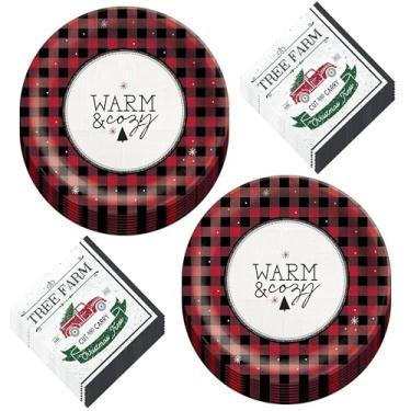 Imagem de Live It Up! Party Supplies Pratos de jantar de papel xadrez de búfalo vermelho e preto quentes e aconchegantes com guardanapos de almoço (serve 16) - utensílios de mesa de papel de Natal e feriado
