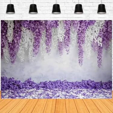 Imagem de Pano de fundo floral lavanda e branco para sessão de fotos roxo claro lilás casamento chá de panela cenário de fotografia de chá de bebê decoração de festa de aniversário faixa (A, 2,1 x 1,5 m)