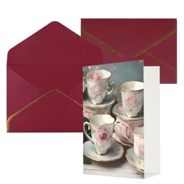 Imagem de SKKNT Copos de chá com rosas impressão romântica cartões de felicitações para todas as ocasiões cartões de notas em branco versáteis com envelopes 11,4 x 15,2 cm