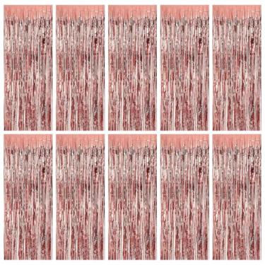 Imagem de Pacote com 10 cortinas de fundo de ouro rosa, 1 m x 2,5 m, cortinas metálicas de franja de folha de estanho para fotos para decoração de festa de aniversário, chá de bebê, noivado, casamento