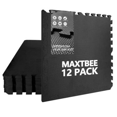 Imagem de MAXTBEE Tapetes de academia espessos de 1,27 cm (48 pés quadrados), 12 azulejos 61 x 61 cm de espuma vinílica acetinada de alta densidade para academia em casa, halterofilismo, área de brincadeiras