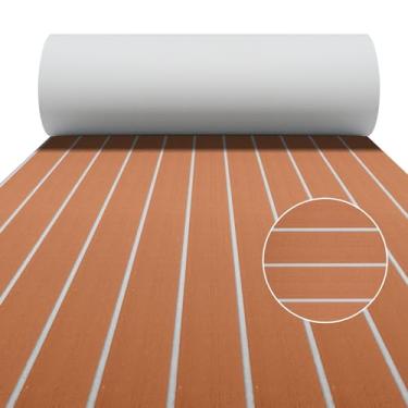 Imagem de Conchpeople Piso de barco, espuma de EVA, autoadesivo, antiderrapante, 240 x 38 x 0,7 cm, lençol de deck para barcos de pesca, caiaque, iate, trailer, piscina, carrinho de golfe (marrom com linhas de