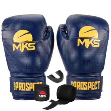 Imagem de Kit Luva de Boxe Muay Thai Kickboxing Prospect + Bandagem 2,55m + Protetor Bucal - MKS Combat0 (AZUL E AMARELO, 16oz)