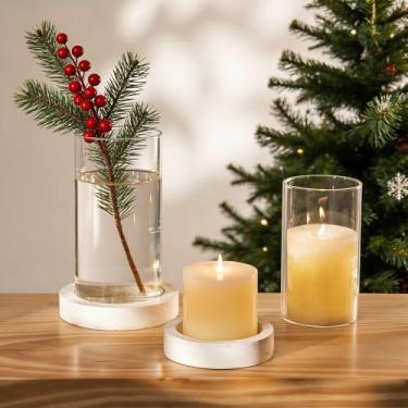 Imagem de NUPTIO Suporte de vela Hurricane para casamento: vaso cilíndrico de vidro com placa de madeira branca envelhecida - Conjunto de 2 suportes de velas de pilar alto para decoração de Natal e Ação de