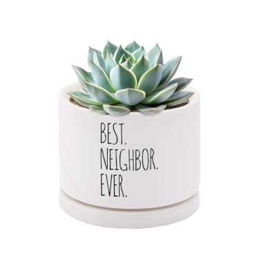 Imagem de Best Neighbor Ever Neighbors Gifts Vaso de cerâmica para suculentas com bandeja redonda de inauguração de casa, despedida de despedida, presentes para amantes de plantas, decoração de escritório em
