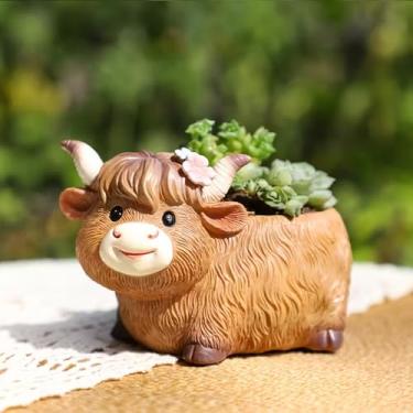 Imagem de Kudriod Vaso de suculentas de vaca Highland com orifício de drenagem e plugue, mini vaso de flores de vaca de resina para plantas internas e externas, lindo vaso de animais para decoração de casa e