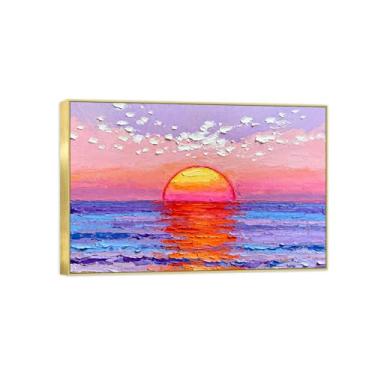 Imagem de Quadro dourado arte de parede paisagem impressões em tela - roxo azul mar pôr do sol - pintura de decoração - imagens para quarto 50 x 75 cm 20 x 30 pol