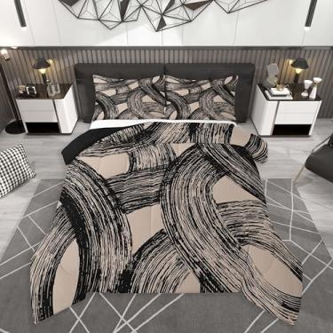 Imagem de Feelyou Conjunto de cama listrado preto e marrom, macio para meninos e meninas, geométrico, moderno, tamanho Queen, arte abstrata, minimalista, edredom de microfibra, decoração de quarto, 3 peças com
