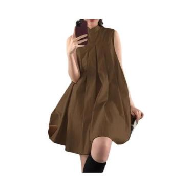 Imagem de Vestido Feminino Vintage Plissado Evasê, Sem Mangas, Gola Mandarim, Ro