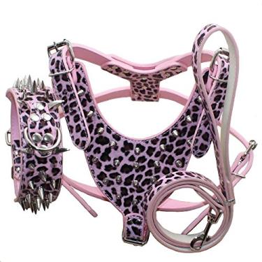 Imagem de Haoyueer Coleiras, arreios e trelas cravejadas afiadas de couro, conjunto de 3 peças combinando para cães de médio e grande porte Pit Bull, Mastim, Boxer, Bull Terrier Rosa Leopardo