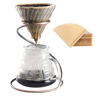 Imagem de LEIJOCO Conjunto de cafeteira derramada - gotejador de vidro, suporte de metal, servidor resistente ao calor de 600 ml, 40 filtros - 4 em 1 para casa ou escritório (Bronze)