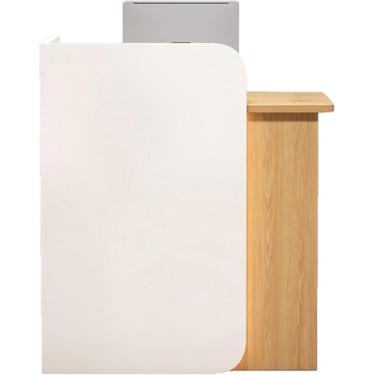 Imagem de Pequena mesa de recepção, balcão espesso, balcão de caixa de varejo com gavetas com trava, sala de recepção, lobby, varejo, loja, salão de beleza, sala de aula de pódio, escritório, branco + madeira
