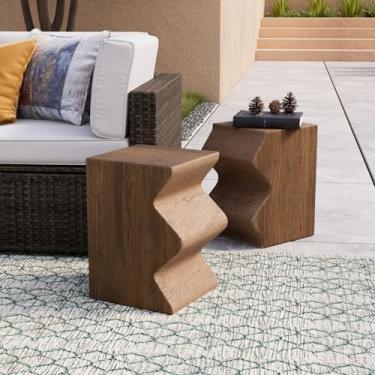 Imagem de COSIEST Mesa lateral de concreto, conjunto de 2 mesas laterais retangulares para ambientes externos, bancos decorativos de jardim para ambientes internos e externos, mesa de canto de pátio com madeira