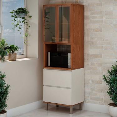 Imagem de Armário Torre Forno Para Micro-ondas 100% Mdf Com Vidro Reflecta E Detahes Em 45 Graus Canela-off White Frisado