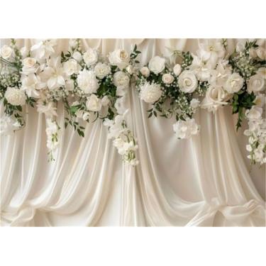 Imagem de XMJJKUF Pano de fundo branco para decoração floral para casamento, 3 x 2,4 m, elegante, flores brancas, fundo de parede, para aniversário, noiva, chá de bebê, banner, suprimentos para sessão de fotos