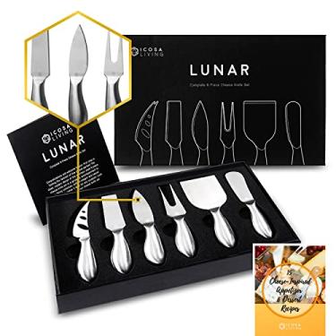 Imagem de ICOSA Living Conjunto de 6 facas de queijo LUNAR (pronto para presente) – Coleção de facas de queijo de aço inoxidável premium – Acessórios para tábua de charcutaria com 15 receitas de férias