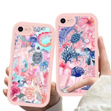 Imagem de Zrutru Pacote com 2 capas de telefone praia verão para iPhone SE 2022/SE 2020/8/7 4,7 polegadas, lindas capas de colagem de concha de tartaruga flor estética oceânica, fundo protetor de TPU macio rosa