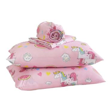Imagem de Yibeizi Jogo de lençol casal de unicórnio rosa para meninas, lençol de cama infantil com estampa doce de microfibra com bolso profundo e lençol de cama com estampa fofa e fronha, 4 peças