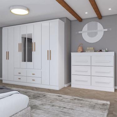 Imagem de Guarda-Roupa Casal Europa 8 Portas 4 Gavetas e Cômoda 6 Gavetas com Espelho Branco - Panorama Móveis