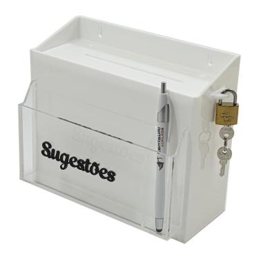 Imagem de Urna Caixa De Sugestões Parede Bolso Frontal Em Acrílico Branca E Cadeado Pesquisa Satisfação