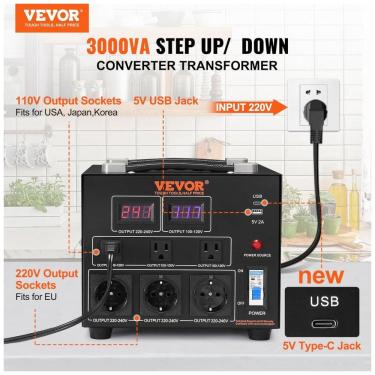 Imagem de Transformador (Conversor) de Voltagem VEVOR 3000W Elevação/Redução 110V para 220V/220V para 110V 3 US 3 EU USB Type-C 2 LED CE ETL FCC