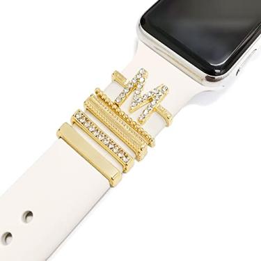 Imagem de 5 pçs amuletos para pulseira de relógio Apple 41 mm 45 mm 40 mm 44 mm feminino, diamante + metal joias anéis decorativos para iWatch série 7 6 5 4 3 se, Galaxy watch 4/clássico, pulseira de couro/silicone acessórios de charme
